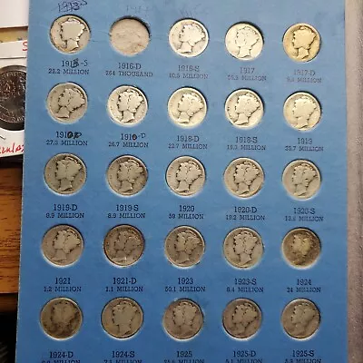 WOW! ALMOST COMPLETE  SET Of 90% Silver MERCURY DIME ALBUM - Missing Only 1916-D • $345