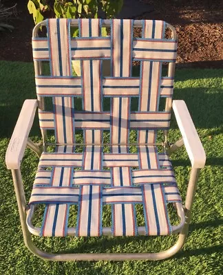 Sunbeam Folding Aluminum Beach Chair Webbed Low Profile Lawn Chair R/W/B Vintage • $25