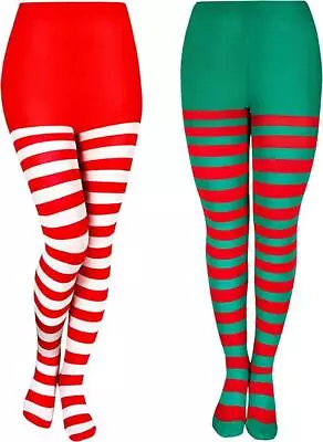£7.95 • Buy 2 Pairs Elf Striped Mrs Claus Tights Elf Costume Festive Tights Xmas Fancy Dress