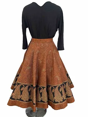 VINTAGE True 50s Full Circle Skirt MADALYN MILLER Orange Paisley Wool Felt LARGE • $74.99