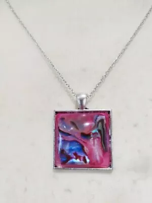 18  Silver Plated Necklace Chain Rose Red Abalone Square Resin Pendant New • £5.50
