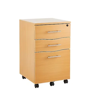 Office Filing Cabinet Pedestal Under Desk Storage Unit 3 Drawers Castors Beech • £74.99