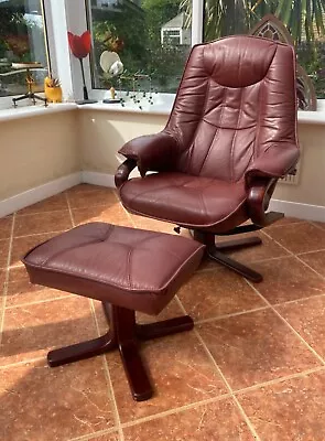 Vintage Danish Reclining Armchair And Foot Stool Burgundy Leather Stressless • £275