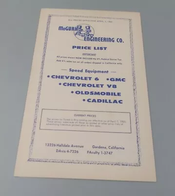 Original Vtg 1960's McGURK Engineering Price List Chevy Olds Cadillac • $49.99