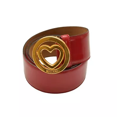 Moschino Red Shiny Leather Large Gold Tone Heart Buckle Belt Size 48 • $145