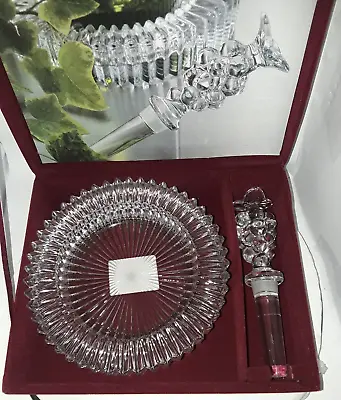 Rare MIKASA Cut Fire Crystal Wine Bottle Coaster Decanter Dish + Stopper MCM NEW • $129.97