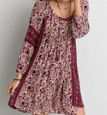 American Eagle XS Women's Cream Pink Burgundy Floral Lace Up Swing Dress • $12.86