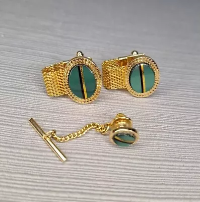 Vintage Hickok Mesh Wrap Cufflinks & Tie Clip Set Gold Tone Oval Green & Gold • $14.90