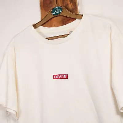 LEVI'S M Logo White T-Shirt Men's 22  P2P Embroidered Boxtab Heavyweight Cotton • £16