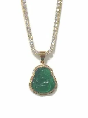 Mens 14k Gold Fn 4mm Tennis Chain 1 Row Necklace Jade Green Buddha Pendant • £52.25