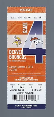 Stefon Diggs Debut - 2015 Nfl Vikings @ Denver Broncos Full Football Ticket  • $29