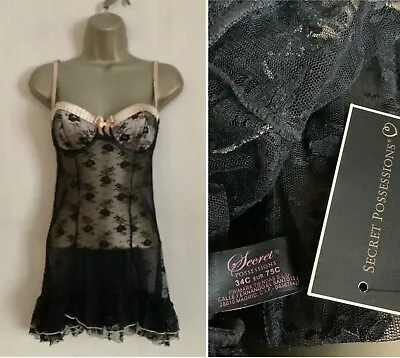 New Lace Baby Doll Negligee Black/ Gold Chemise . Uk 34C Secrets BNWTS • £12