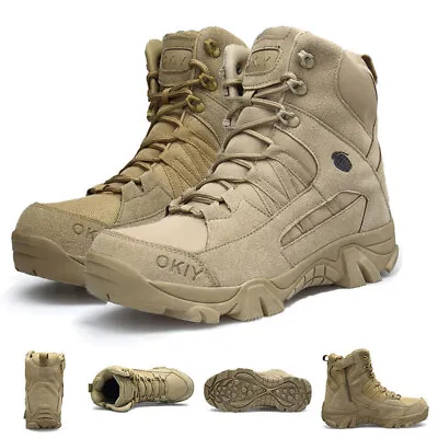 Boots Men's Tactical Military Side-Zip Combat Army Shoes Duty Hiking Boots Work • £29.58