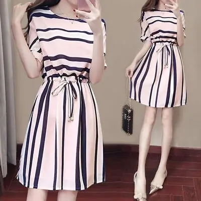 $0.99 • Buy Women Fashion Short Sleeve Causal Dress Long Pencil Stripe Elegant Party Dresses