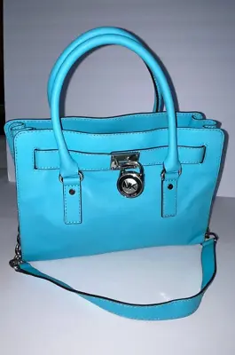 Michael Kors Teal Blue Leather Hamilton Tote Shoulder Bag Lock & Key & Key Fob • $229