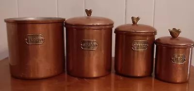 Copper Canisters Set Of 4 W/ Brass Label Plates & Knobs; Kitchen 1 With No Lid • $17