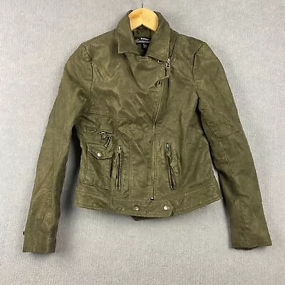 Just Jeans Jacket Womens 8 Khaki Green Biker Style Genuine Leather Zip Up Lined • $29.95
