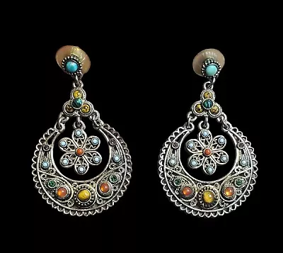 Vintage Designer GRAZIANO Silver Metal Etruscan Stone Look Glass Bead Earrings  • $24.99