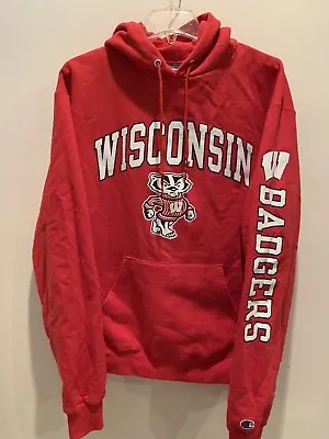 VINTAGE Wisconsin Badgers Hoodie Mens Medium  Red Sweatshirt Weave NCAA Logo • $18.50