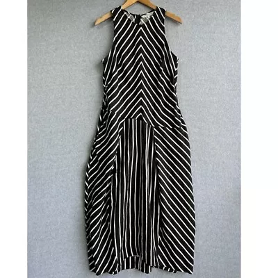 Veronika Maine Dress Womens Sz 14 Black White Stripe Cocoon Linen Midi RRP $379 • $69.99