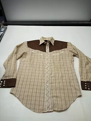 PJ Western Wear By Mareh Pearl Snap LS Shirt Ranch Wear Cowboy Mens L Brown Plai • $16.69