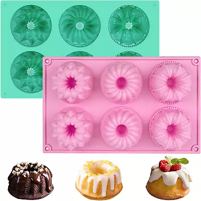 2 Pcs Mini Bundt Cake Pan 6-Cavity Fluted Tube Cake Pan Non-stick Silicone Bak • $18.11