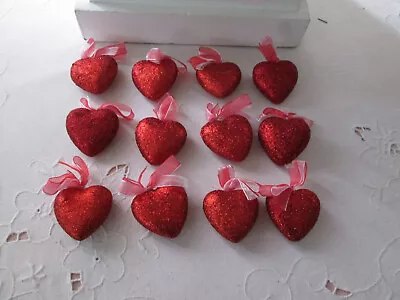 Pkg Of 12-Miniature 1 -3/4  Red Glitter Heart Valentines Day Ornaments NEW • $6.99