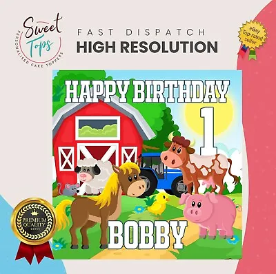 Farm & Farm Animals Edible Square Birthday Cake Topper Decoration Personalised • £4.49