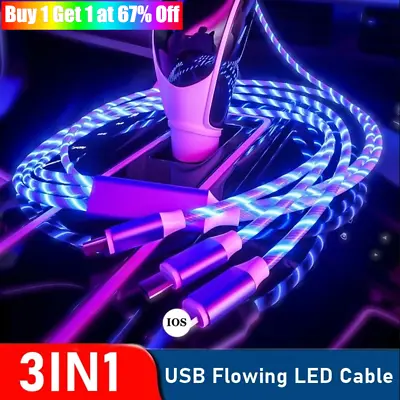 3 In 1 LED Flowing Light Up Charge Cable For IPhone / Samsung / Type C / Android • £3.91