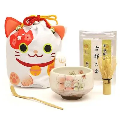 $63 • Buy Matcha Set Tea Ceremony Japan Sadou Beginner Lucky Cat Mikeneko White Honjien