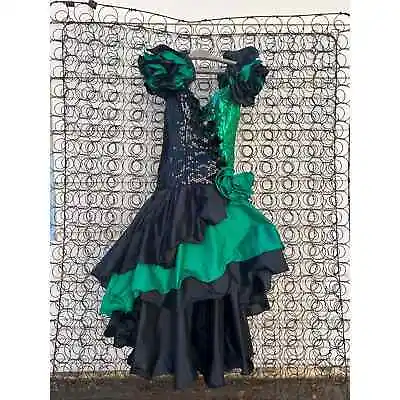 Vintage 80s Alyce Designs Green Black Sequin Ruffle Prom Ball Gown Mardi Gras XS • $350