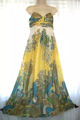 Aidan Mattox Sz 10 Blue Gold Silk Paisley Chiffon Gown~occasion Pageant Dress • $39.95