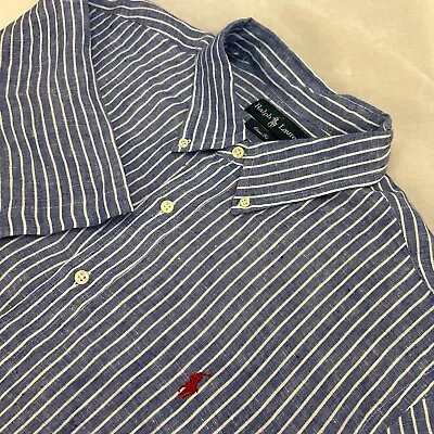 Ralph Lauren Classic Fit Men's Blue Stripped Linen Short Sleeve Shirt XL • $64.88
