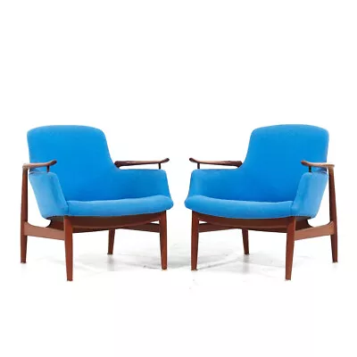 Finn Juhl For Niels Vodder NV-53 Mid Century Blue Chairs - Pair • $25347
