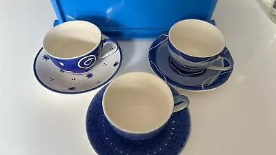 £9 • Buy Whittards Of Chelsea 3 X Cappuccino Cups & Saucers Blue & White Mix Hand Painted