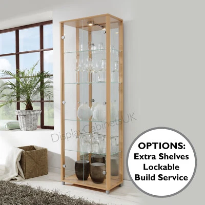 £249 • Buy HOME Double Beech Glass Display Cabinet Glass Shelves Mirror Back Lock