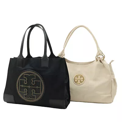 Auth Tory Burch Set Of 2 Nylon Leather Tote Bag Hand Bag Black White Used F/S • $291.50