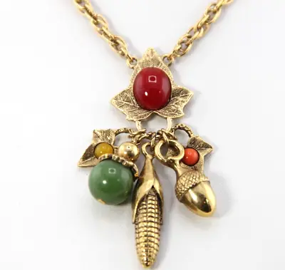 Vintage Signed 1928 Autumn Fall  Harvest Necklace Acorn Leaves Corn Charms • $49.97