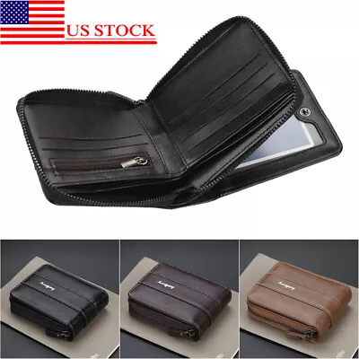 Men's Short Bifold Wallet Zipper Leather Purse ID Credit Card Holder Pocket Bag • $10.22