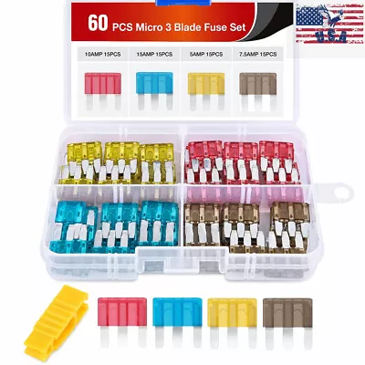 60pcs Micro3 3 Prong Blade Fuses Assortment Kit 5A 7.5A 10A 15A • $13.99