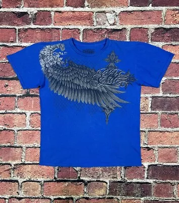 MMA Elite T Shirt Mens Medium Blue Wings Crosses AOP All Over Print Y2K • $34.99