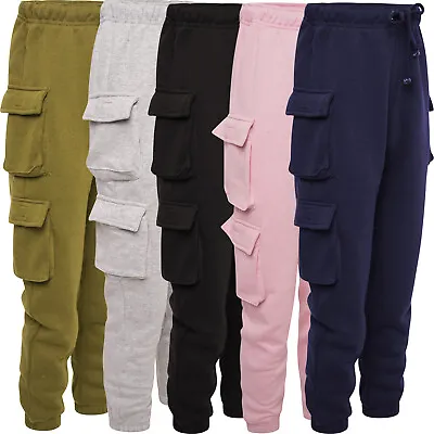 Womens Ladies Fleece Cargo Combat Multi Pocket Jogging Bottom Jogger Sweat Pants • £11.95