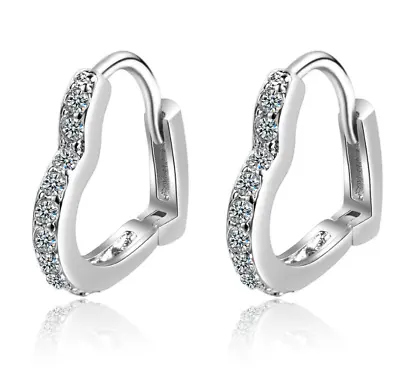 Women Girl Silver Plated Heart Shape Micro Pave CZ Huggie Hoop Earrings 14mm TH1 • $4.95