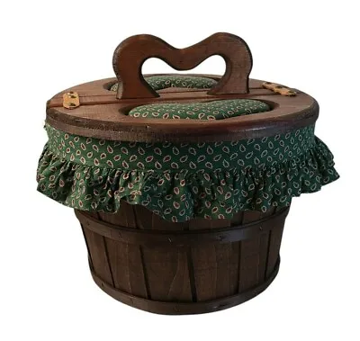 Vintage Wooden Apple Orchard Bushel Basket Split Lid Lined Basket Heart Handle • $71.23