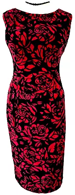 Phase Eight Dress Size 16 Jersey Stretch Red Black Floral Ruched Pleat Bodycon • £79.99