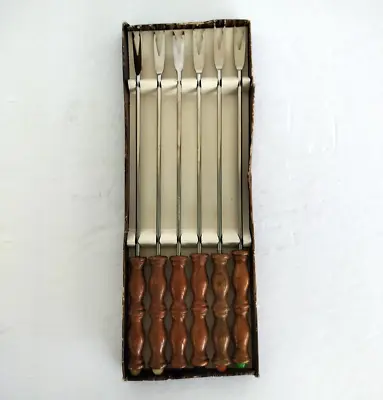 Vintage Fondue Forks Mid Century Wood Handles 10  Long Japan Stainless Steel • $9.99