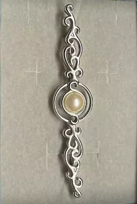 Monet Vintage Faux Pearl Bar Brooch Pin Silver Tone 3  Scroll Delicate Retro • $12.99