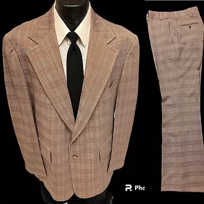 2 Pc Vtg 70's Sears TEXTURED Brown STATIC PLAID MoD DISCO Suit 44 L Bell Bottoms • $229.99