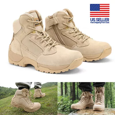 Men's Leather Zip Military Tactical Boots Motorcycle Combat Ankle Hiking Boots • $47.99