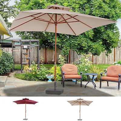 3x3m Patio Garden Sun Umbrella Sunshade Folding Bamboo Parasol W/ 2 Pulley • £79.99